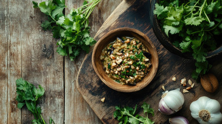 Discover a rustic tabletop setting featuring fresh herbs and ingredients, perfect for a culinary inspiration. Ideal for food photography and organic recipes.の素材