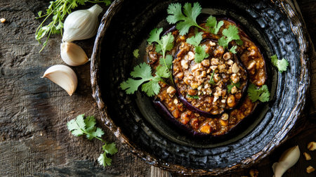 A rustic tabletop setting showcasing a gourmet dish garnished with fresh herbs. Perfect for culinary presentations and food photography.の素材