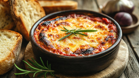 A rustic table setting featuring a hearty baked dish served with fresh bread and herbs. Perfect for cozy dining experiences and gourmet meals.の素材