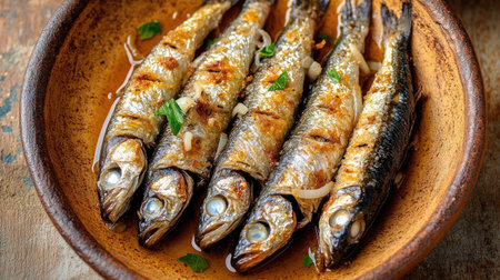 Delight in grilled sardines served with onions and herbs, showcasing a flavorful and rustic presentation perfect for Mediterranean cuisine lovers.の素材
