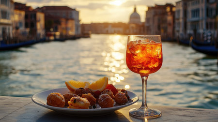 A serene evening scene featuring a refreshing drink and a plate of delicious snacks set against a beautiful sunset view over the water.の素材