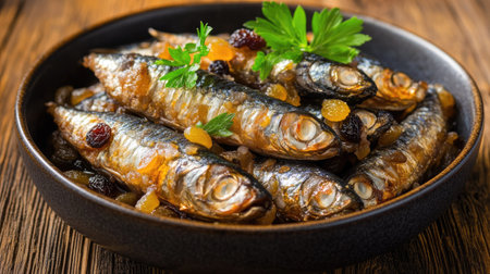 Discover a mouthwatering dish of sardines in saor, enhanced with fresh herbs and dried fruits. Perfect for a gourmet meal or appetizer, this seafood delicacy combines flavors and textures.の素材