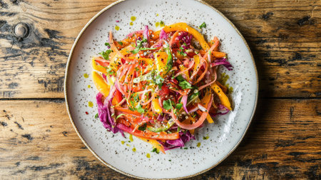 A vibrant overhead view of a papaya salad featuring fresh vegetables and herbs. Perfect for showcasing healthy meal ideas or colorful cuisine options.の素材