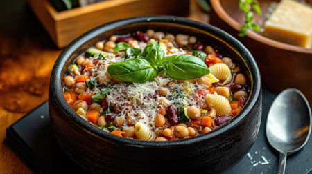 A rustic black bowl filled with hearty minestrone soup, featuring colorful vegetables, pasta, and fresh basil. Perfect for a warm, comforting meal.の素材