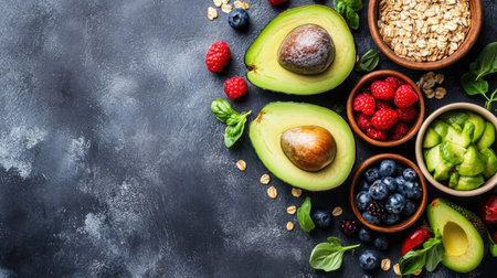 Discover a vibrant array of nutritious food items, including avocados, berries, and oats, perfect for healthy meals and snacks. Embrace a wholesome lifestyle!の素材