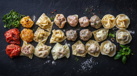 A vibrant top view of assorted meat-filled dumplings showcasing a variety of colors and textures, perfect for illustrating culinary traditions and delicious meals.の素材