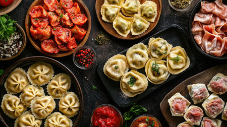 Discover an array of vibrant meat-filled dumplings beautifully arranged on a dark surface, showcasing culinary artistry and rich flavors perfect for any gathering.の素材