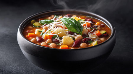 A steaming bowl of vibrant black soup filled with various colorful vegetables and herbs, offering a warm, comforting meal ideal for any occasion.の素材