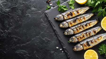 A beautifully presented dish of grilled fish garnished with lemon slices and fresh herbs, perfectly showcasing a rustic culinary experience on a black slate background.の素材