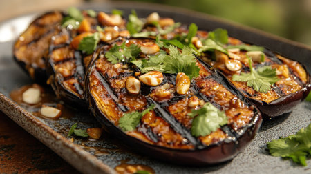 A stylish serving of grilled eggplant garnished with fresh herbs and nuts, perfect for a gourmet meal or outdoor dining experience.の素材