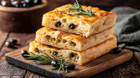 A captivating image of freshly baked olive focaccia, topped with herbs and presented on a rustic wooden board, perfect for showcasing Italian culinary delights.の素材