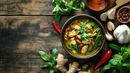 A rustic bowl filled with mouthwatering chicken curry, surrounded by fresh herbs and spices on a wooden table, showcasing vibrant colors and delightful flavors.の素材