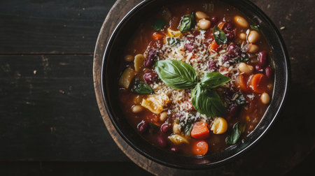 A rustic black bowl filled with vibrant minestrone soup, featuring a mix of fresh vegetables, beans, and topped with basil. Perfect for a healthy meal.の素材