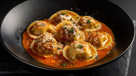 Enjoy a stunning image of tender ravioli in a rich tomato sauce, garnished with herbs and cheese. Perfect for food lovers and culinary enthusiasts.の素材