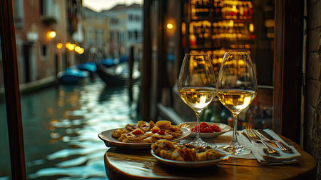 Enjoy a picturesque moment in Venice with snacks and wine. This charming scene captures the essence of dining by the canal, offering a perfect retreat.の素材