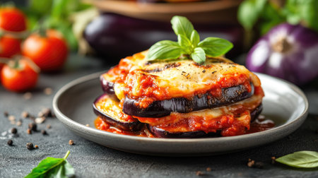 Enjoy a mouthwatering serving of melanzane alla parmigiana, a classic Italian dish layered with eggplant, rich tomato sauce, and melted cheese.の素材