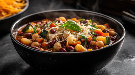 A vibrant steaming bowl filled with black bean soup, featuring colorful vegetables and garnished with herbs. Perfect for a comforting meal at any time.の素材