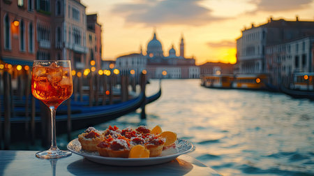 Enjoy a serene moment by the waterfront at sunset, featuring a refreshing drink and a delightful dessert on a plate, capturing the essence of relaxation and beauty.の素材