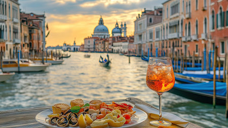 Enjoy a vibrant plate of cicchetti set against the stunning Venetian landscape at sunset, offering a picturesque dining experience by the water.の素材