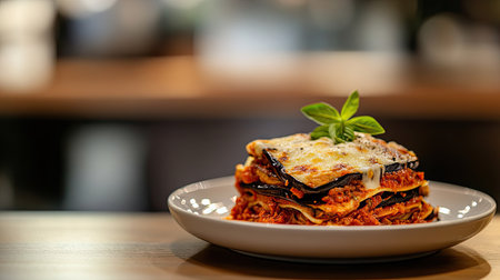 Indulge in this beautifully presented eggplant parmesan, layered with rich tomato sauce and creamy cheese, garnished with fresh basil for a delightful vegetarian meal.の素材