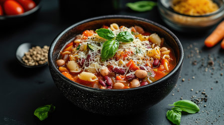 A rustic black bowl filled with hearty minestrone soup, showcasing colorful vegetables, beans, pasta, and fresh basil, perfect for a comforting meal.の素材