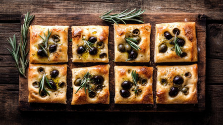 A beautiful arrangement of rustic olive focaccia, topped with fresh rosemary and olives, perfect for any gathering or culinary display.の素材