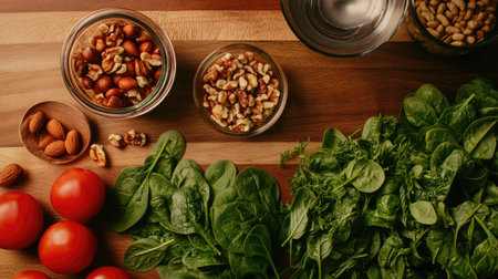 A vibrant assortment of fresh ingredients including spinach, tomatoes, and various nuts arranged on a wooden table, perfect for healthy meals and culinary creations.の素材