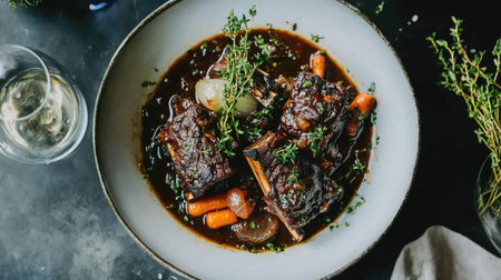 A stunning overhead view of a delicious beef dish, featuring tender meat served with vibrant vegetables and garnished with fresh herbs, perfect for meal inspiration.の素材