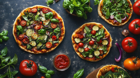 Enjoy a vibrant display of fresh pizzas topped with vegetables and herbs. Perfect for culinary projects, recipes, and food presentations on a stylish table.の素材
