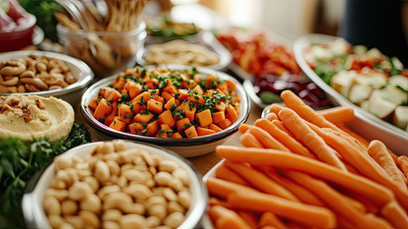 A vibrant display of fresh and healthy snacks featuring colorful carrots, nuts, and seasonal vegetables, perfect for gatherings and nutritional balance.の素材