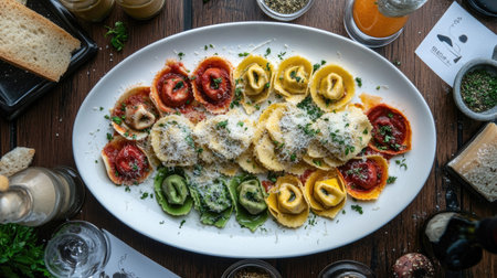 A top view of a beautifully arranged plate of colorful ravioli, showcasing a delightful mix of flavors and fresh ingredients, perfect for any meal.の素材
