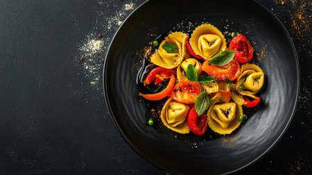 A beautifully arranged plate of tortellini served with fresh vegetables. Ideal for showcasing gourmet pasta dishes in a modern culinary context.の素材