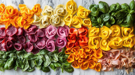 A vibrant arrangement of assorted tortellini shapes on a marble surface, showcasing a colorful medley of pasta and fresh basil leaves, perfect for culinary presentations.の素材
