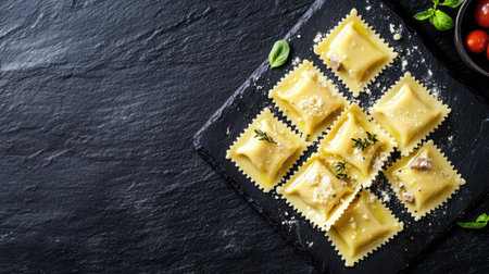 A beautifully arranged top view of homemade Italian ravioli on a dark slate plate, garnished with herbs, showcasing traditional cooking artistry and delightful flavors.の素材