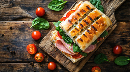 A tempting top view of a delicious focaccia sandwich loaded with fresh spinach, tomatoes, and meats. Perfect for lunch or a quick snack.の素材