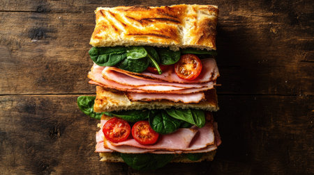 Enjoy a delightful focaccia sandwich stacked with fresh tomatoes, ham, and spinach, perfect for lunch or a snack. Bursting with flavor and goodness!の素材