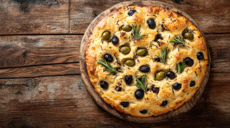 A golden-brown focaccia topped with olives and fresh herbs sits on a rustic wooden table, showcasing its inviting texture and delicious aroma. Perfect for any occasion!の素材