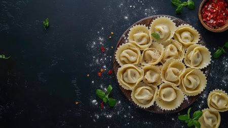 A beautiful display of traditional pelmeni arranged on a wooden plate, highlighting the delicate dough and rustic herbs on a dark background. Perfect for food photography!の素材