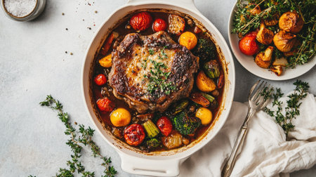 A vibrant plate of osso buco surrounded by fresh vegetables. This hearty dish, with its rich flavors and aromatic herbs, is perfect for a comforting meal.の素材