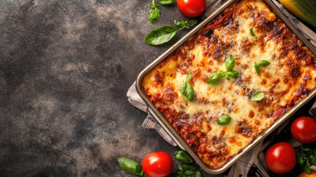Enjoy a top view of a delicious melanzane alla parmigiana dish, beautifully presented with fresh basil and surrounded by ripe tomatoes, perfect for sharing.の素材