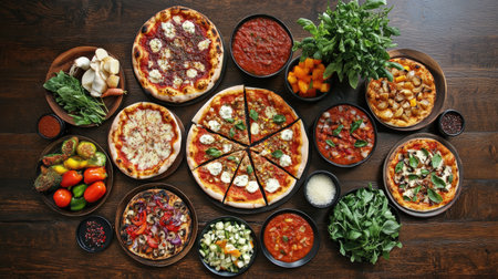 A vibrant display of delicious homemade pizza surrounded by an assortment of colorful dishes and fresh ingredients perfect for gatherings and culinary inspiration.の素材
