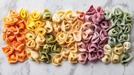 A vibrant top view of assorted tortellini shapes arranged beautifully on a marble surface, showcasing a rainbow of colors and textures ideal for culinary delights.の素材