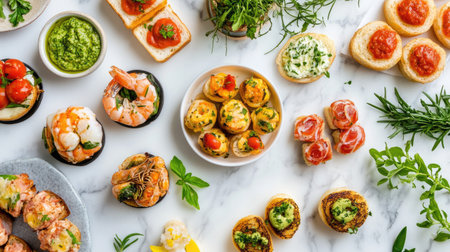 A vibrant display of cicchetti, featuring shrimp, cheese, and herbs, artfully arranged on a marble surface, perfect for gatherings and culinary enjoyment.の素材