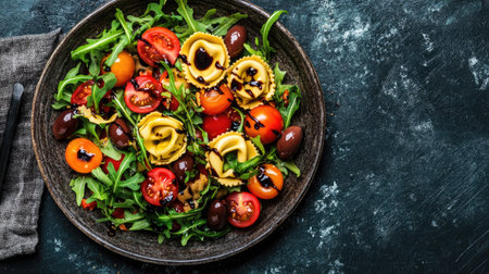 A vibrant tortellini salad featuring fresh tomatoes, olives, and arugula, perfect for a healthy meal. Delightful presentation ideal for any dining setting.の素材