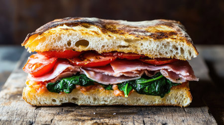 A vibrant focaccia sandwich layered with fresh ham, juicy tomato, and spinach, perfect for a delicious lunch or snack. Enjoy the savory flavors!の素材