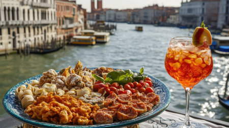 A vibrant cicchetti plate featuring assorted appetizers next to a picturesque Venetian waterfront. Enjoy a refreshing cocktail in a scenic setting.の素材