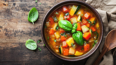 A vibrant minestrone soup filled with fresh vegetables and herbs, perfect for a comforting meal or side dish. Ideal for healthy, rustic dining experiences.の素材