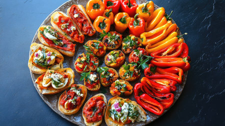 A vibrant cicchetti spread showcasing an array of colorful appetizers arranged beautifully on a rustic platter, perfect for gatherings or special occasions.の素材