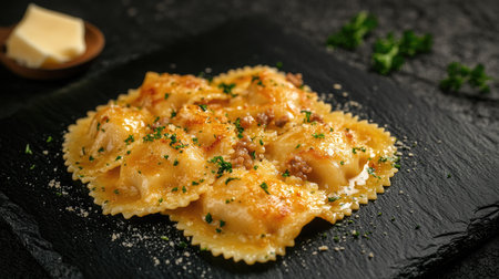 Delight in this vibrant homemade ravioli topped with savory herbs and cheese, elegantly served on a slate board, showcasing a delicious Italian dish perfect for any meal.の素材
