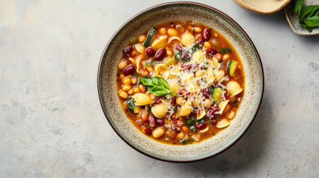 A warm bowl of nutritious minestrone soup brimming with fresh vegetables and herbs, topped with cheese and basil, perfect for any meal. Enjoy the wholesome flavors!の素材
